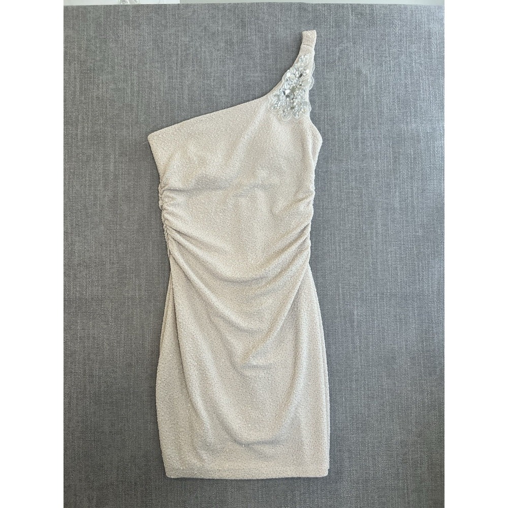 Honey and Rosie One Shoulder Cocktail Dress Womens Large Beige Glitter